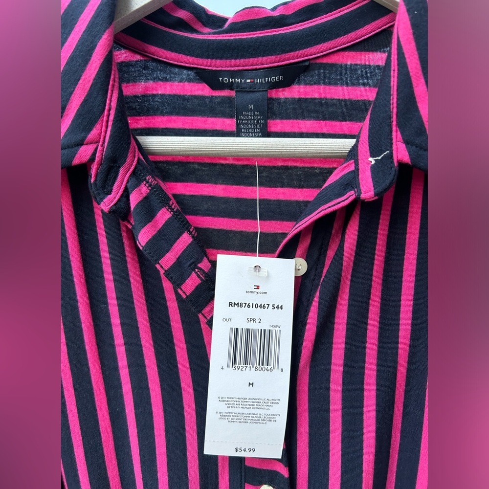 NWT Tommy Hilfiger navy blue and hot pink striped button up collar shirt sz med - Picture 3 of 5